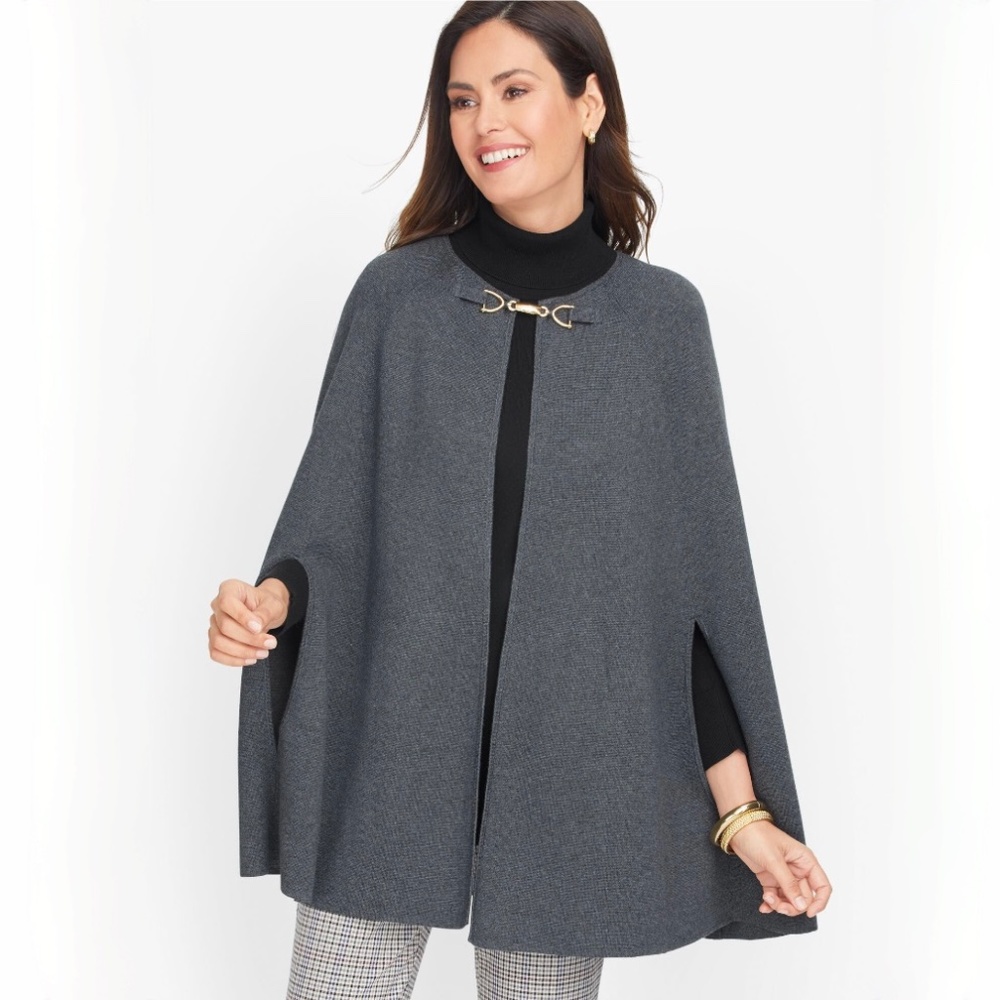 NWT [TALBOTS] Classic Charcoal Gray Cape Wrap Poncho + Gold Accents  | Small